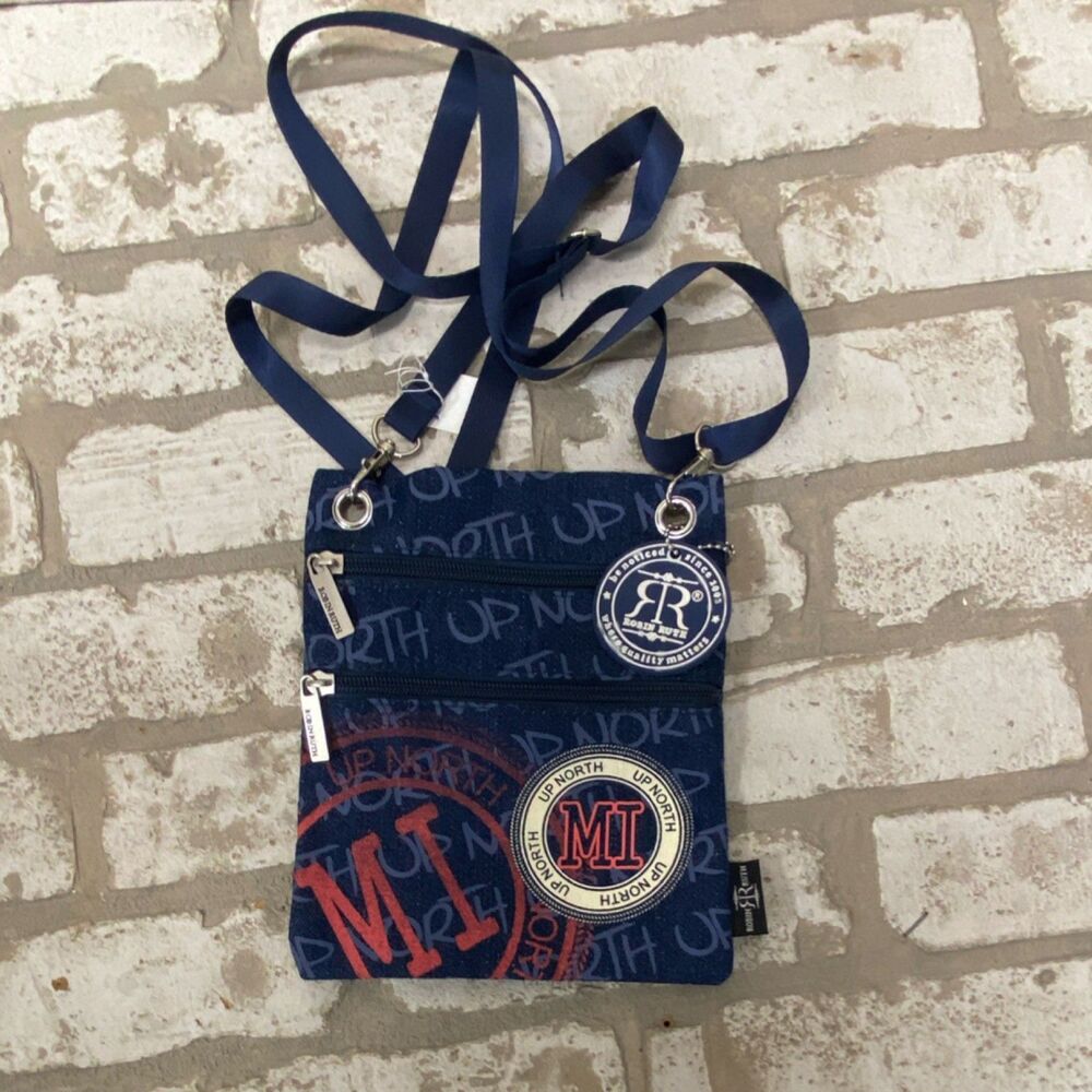 Robin Ruth Blue Red White Graphic Crossbody Bag with Embroidered Zipper & Charm